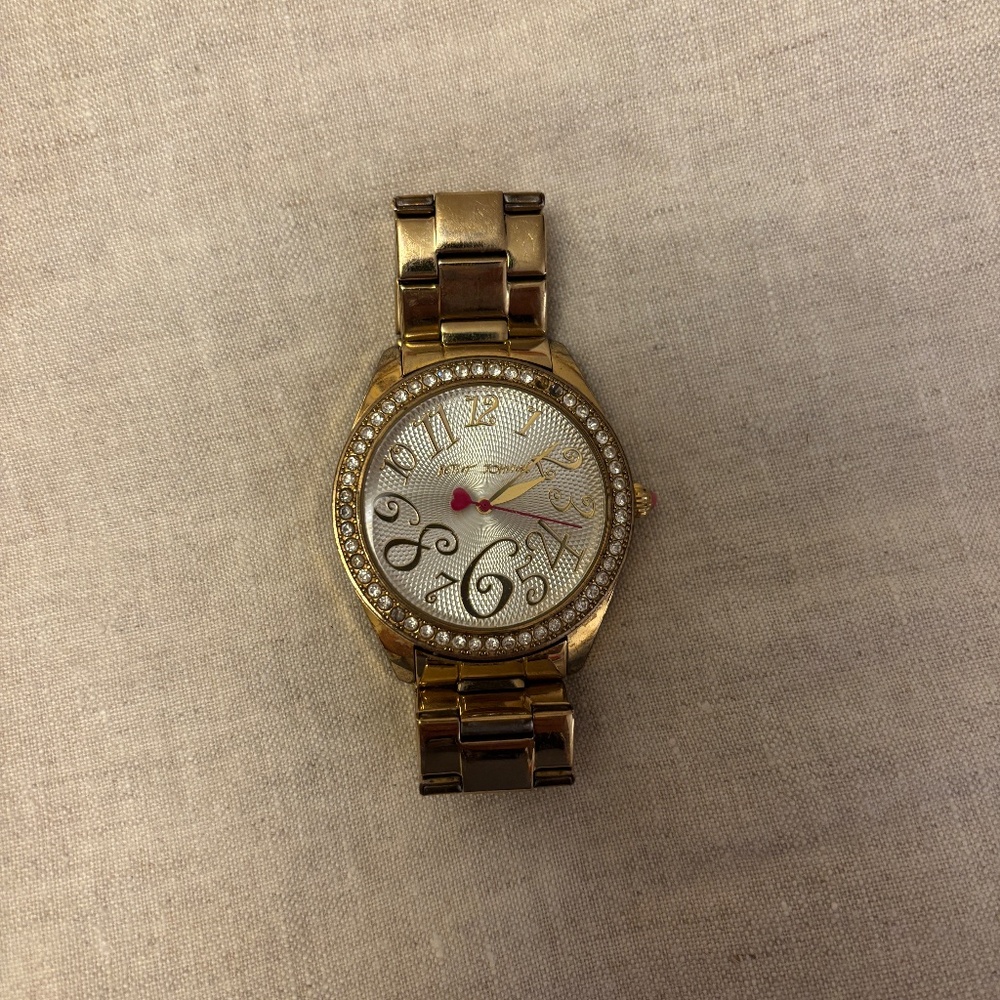 Betsey Johnson Gold Tone Boyfriend Watch New Battery Small 6 1/2" Large Face